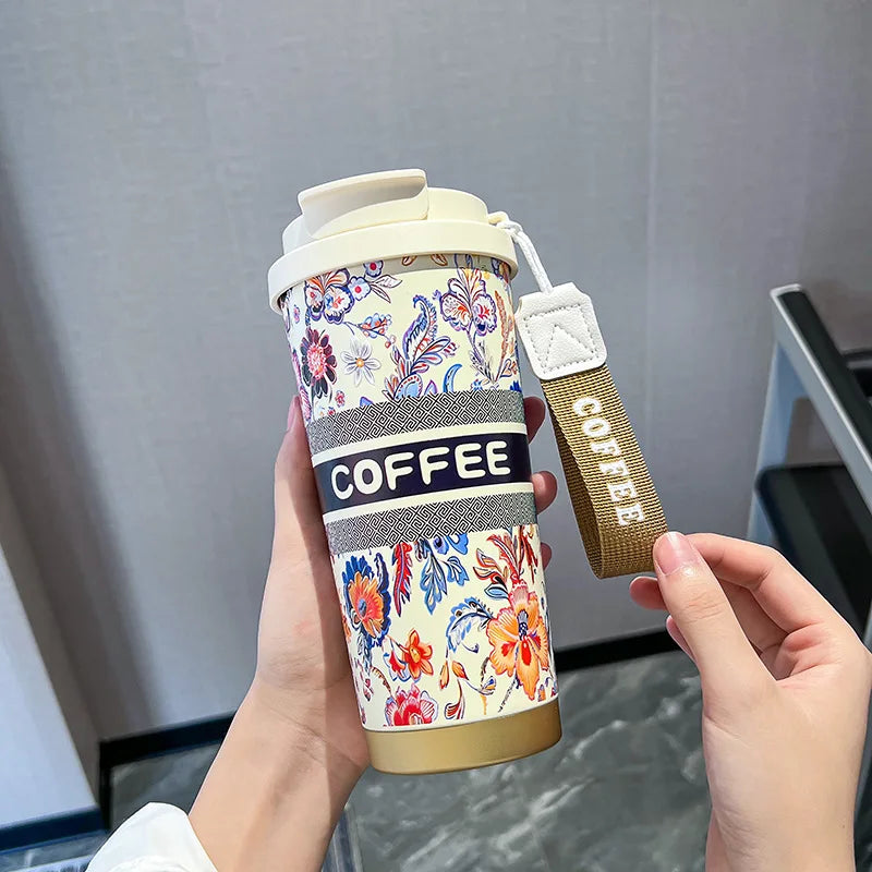 500ml Colorful Flower Thermal Mug Stainless Steel Vacuum Flask Insulated Thermos Bottle with Straw Coffee Mugs Portable Cup