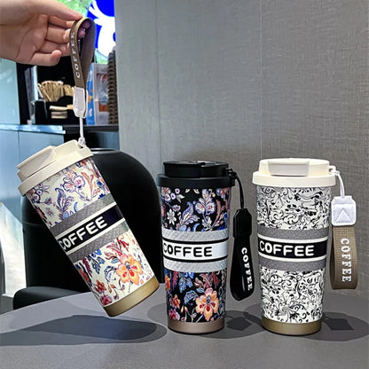 500ml Colorful Flower Thermal Mug Stainless Steel Vacuum Flask Insulated Thermos Bottle with Straw Coffee Mugs Portable Cup