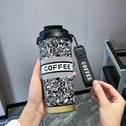 500ml Colorful Flower Thermal Mug Stainless Steel Vacuum Flask Insulated Thermos Bottle with Straw Coffee Mugs Portable Cup